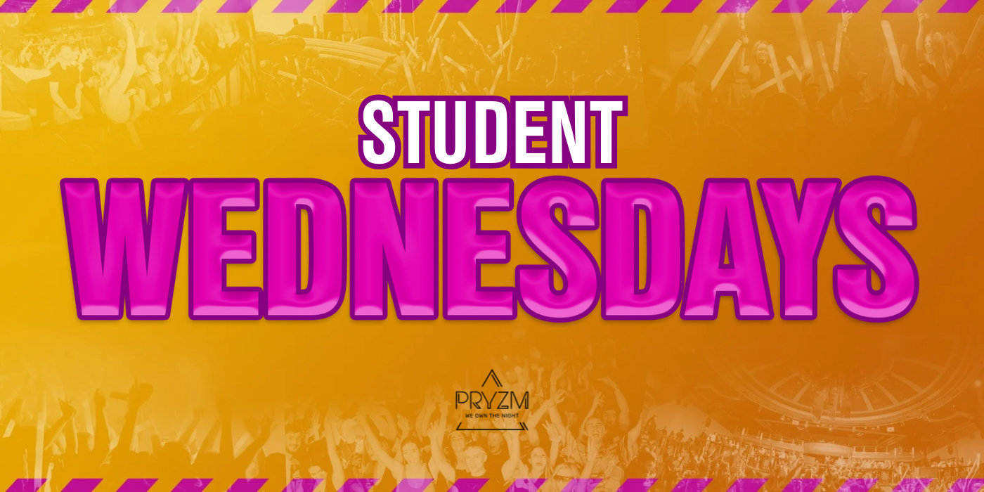 STUDENT WEDNESDAYS Artwork. Orange crowd image background with pink chevron border and bold pink title